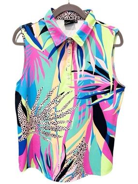 Sunday Swagger Top Women's XL Lolla Bold Palm Animal Print Quarter Button Golf